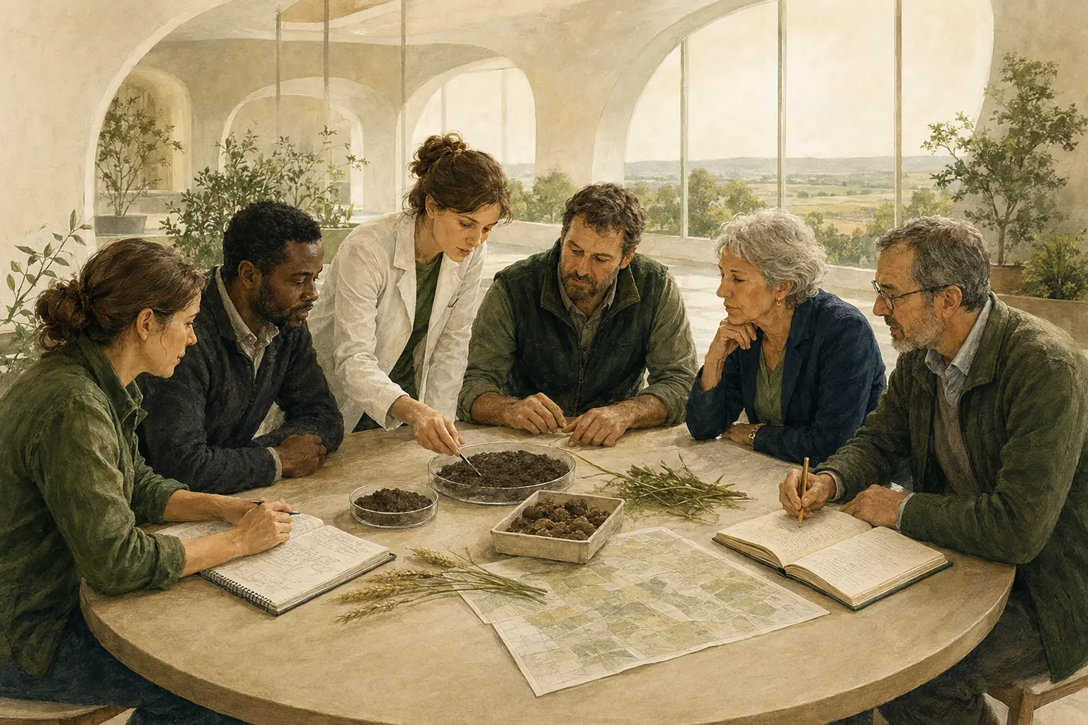 Farmers, researchers and public representatives collaborating around a shared table