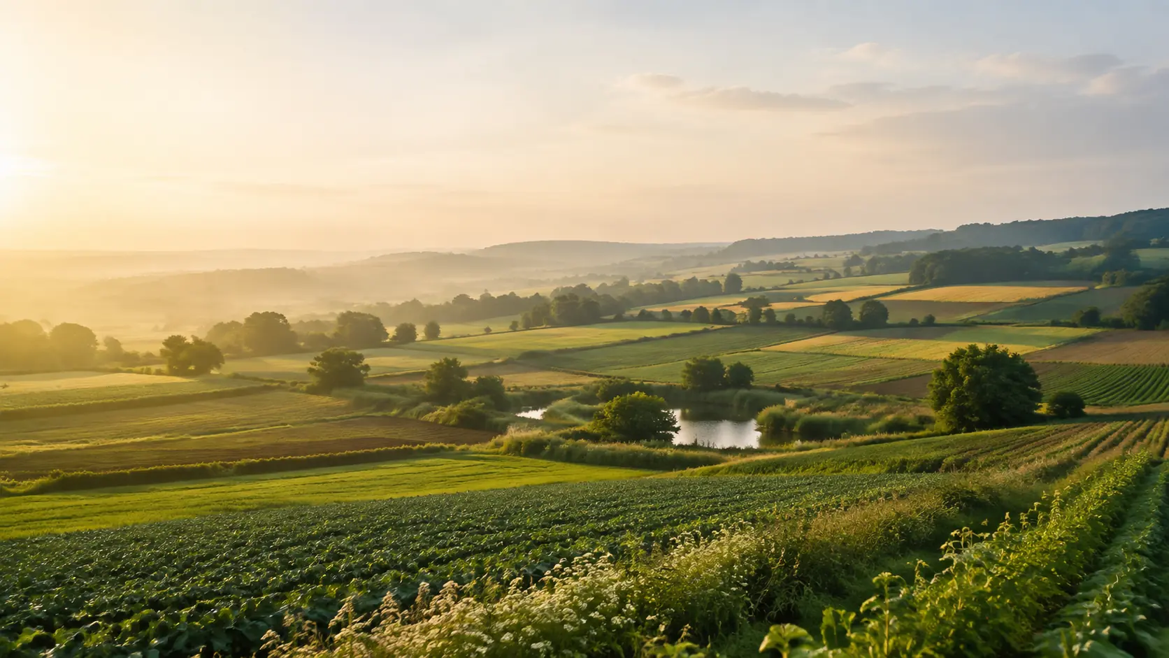 A diverse European regenerative farming landscape with crop strips, hedgerows and trees