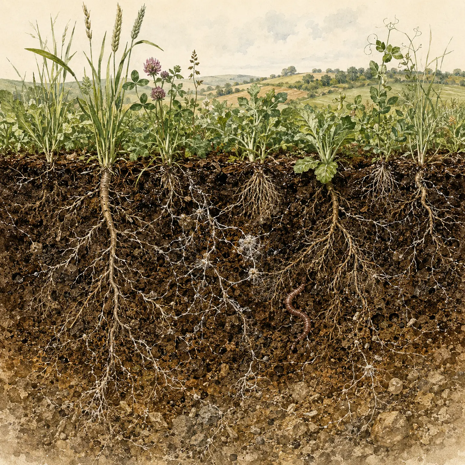 Editorial cutaway illustration showing plant roots and living soil layers